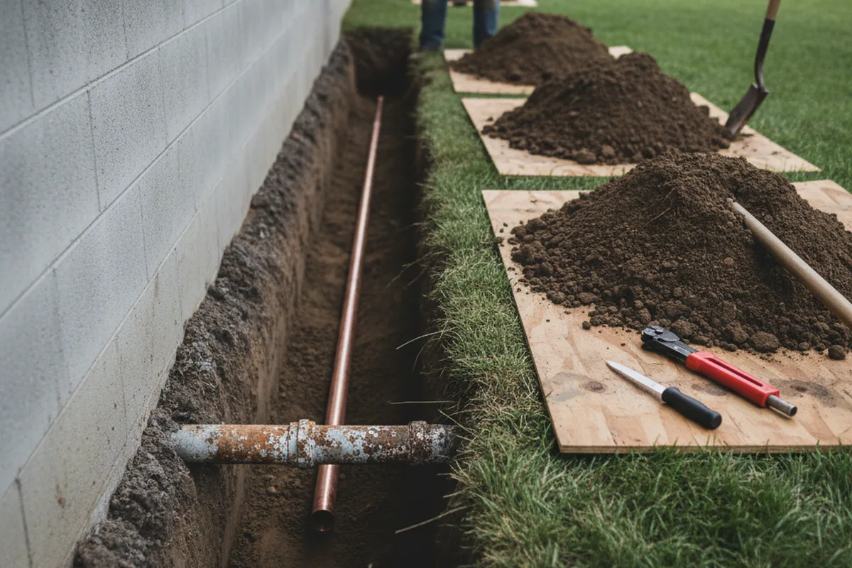 Excavated water line trench during Water Heater Repair in Alledonia